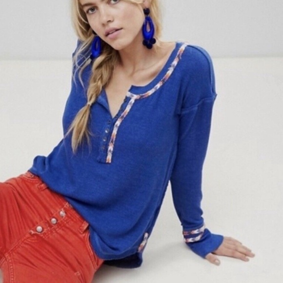 FREE PEOPLE Royal Blue Embroidered Thermal Top Boho Casual Loungewear Size S - Picture 3 of 10